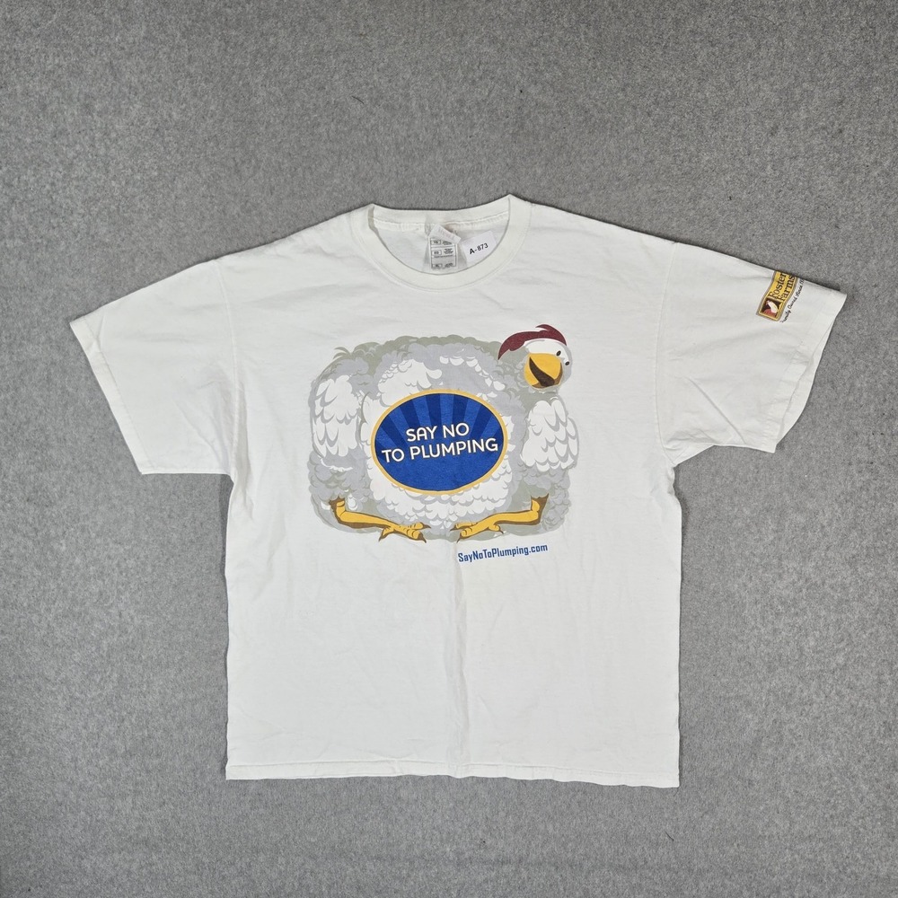 VINTAGE Foster Farm Men Shirt XL White Graphic Say No To Plumping